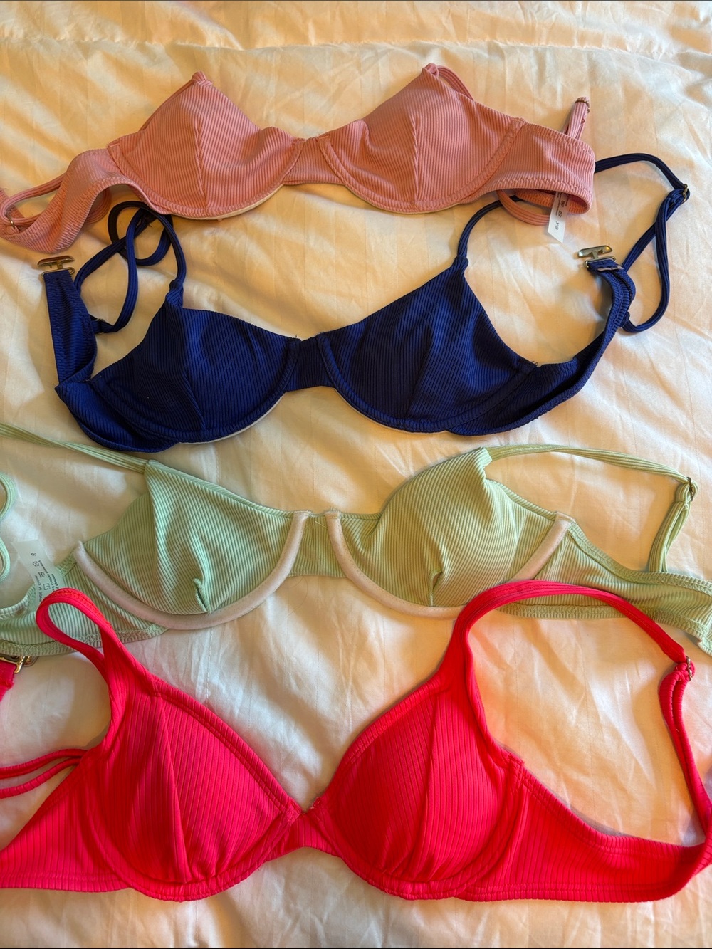 Set of Four Ribbed Underwire Bikini Tops - Pink, Navy, Mint, Hot Pink